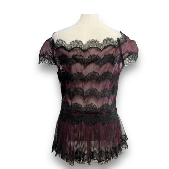 OSCAR de la RENTA✨🎄🥂Vintage Sheer black lace & pink almost off shoulder top SZ - Picture 6 of 16